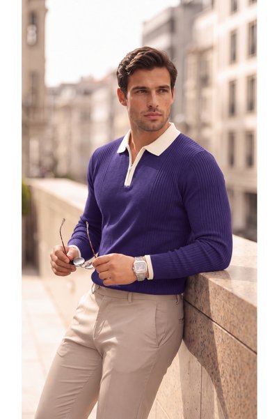 viyamen Men's Long Sleeve Slim Knitwear Polo Collar Zippered Ribbed T-Shirt