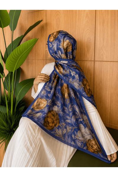 Hepsi Moda Modal Silk Rose Pattern Shawl - Navy Blue