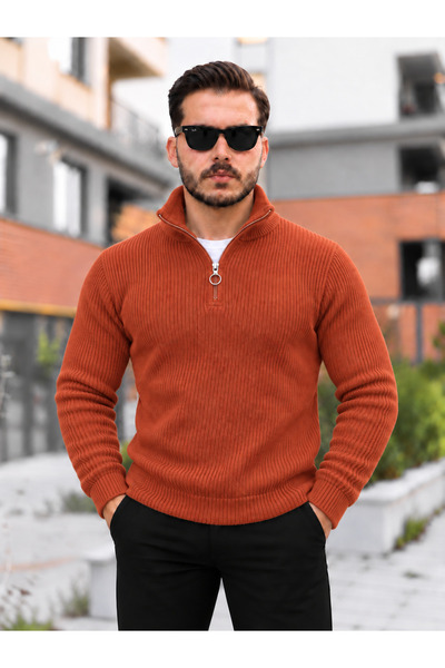 comstar Men's Half-Zipper Stand Collar Tile Knit Sweater