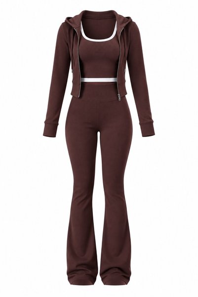 Laluvia Brown Ribbed Spanish Flare Three-Piece Set - 4202