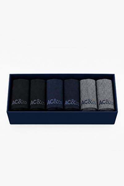 AC&Co / Altınyıldız Classics Erkek Siyah-Lacivert-Marengo 6'lı Paket Soket Çorap Özel Hediye Kutulu Yumuşak Dokulu Sıcak Tutan