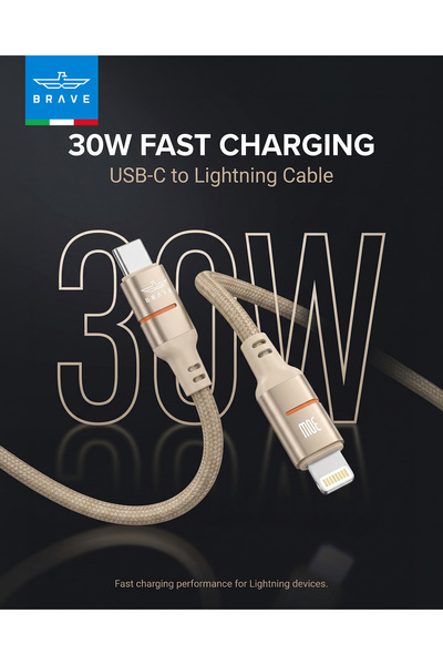 Brave Goldline Series 30W USB-C to Lightning Braided Fast Charging Cable 1M, ...