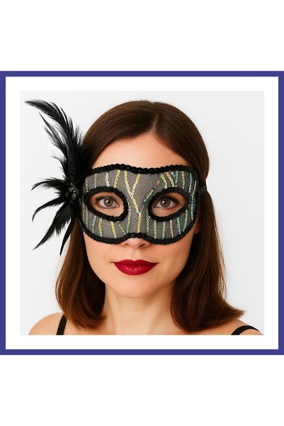 Generic Brand Black Color Side Feathered Sequin Embroidered Party Mask 23X12 ...