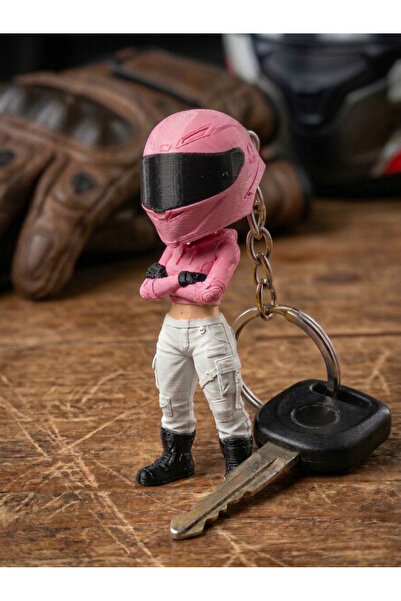 LİYA3D 3D Printing Motorcycle Helmeted Figure Keychain Pink Biker Figurine Keychain