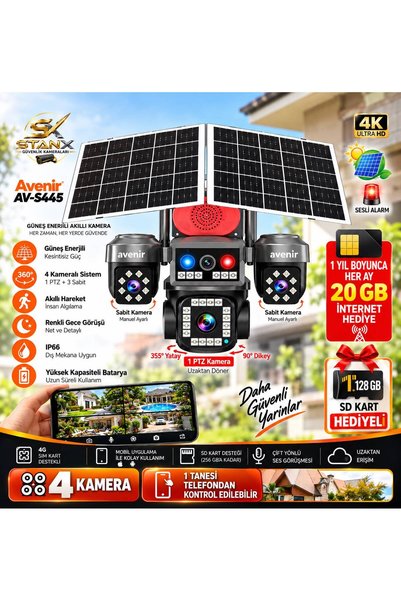 Avenir AV-S445 AOV 4 Kameralı E SİM Güneş Enerjili Sim Kartlı 4G Kamera aylık 20 yıllık 240 gb internet 128 h.kartı hediye