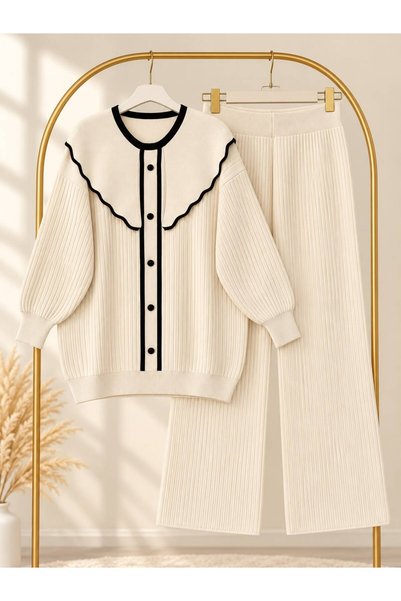 VOLT CLOTHİNG Kadın Tesettür Bebe Yaka Şeritli Triko Pantolonlu Takım