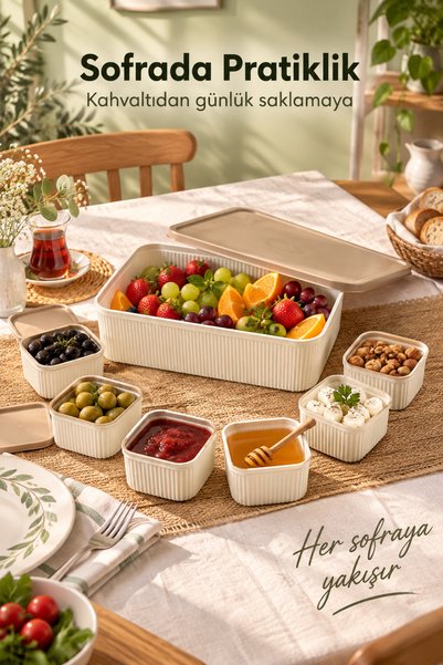 Vienev 7'li Saklama Kabı Seti 6x325 ml Kare 1x5500 ml Dikdörtgen Saklama Kabı Seti Mutfak ve Buzdolabı Düzenleyici