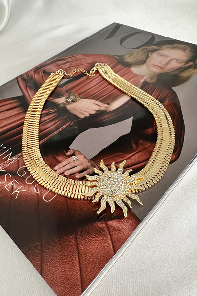 Modex Gold Color Stone Sun Detail Thick Chain Design Necklace (40cm)