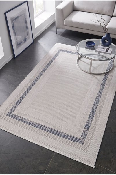 Pastel MİRANDA HALI 407A Krem Mavi Gri Çerçeveli Yün Tuşeli Akrilik Halı-160x230