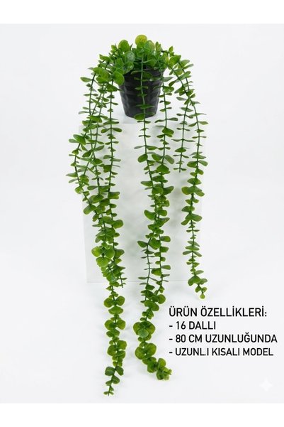 Yapay Okaliptus Sarkıt Çiçek 80 cm Elmas Saksılı Koyu Yeşil Dekoratif Yapay Bitki