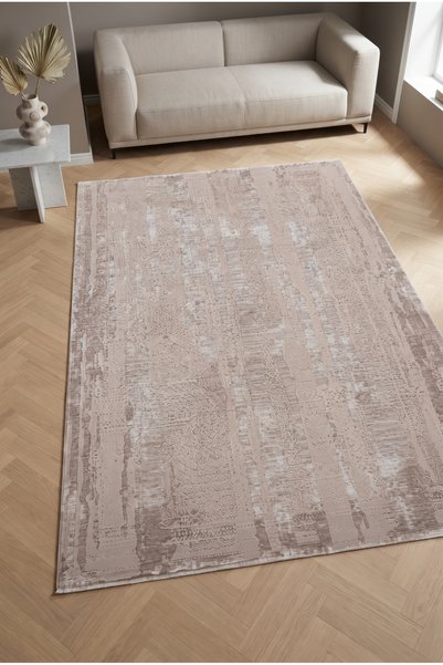 Pastel LORENZA HALI 508D Eskitme Dokulu Lüks Modern Krem Vizon Halı-80X350