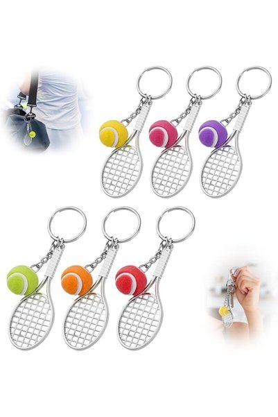 TERRIFI Tennis Ball Keychain 6 Pack Metal Racket Pendant with Flocking Texture