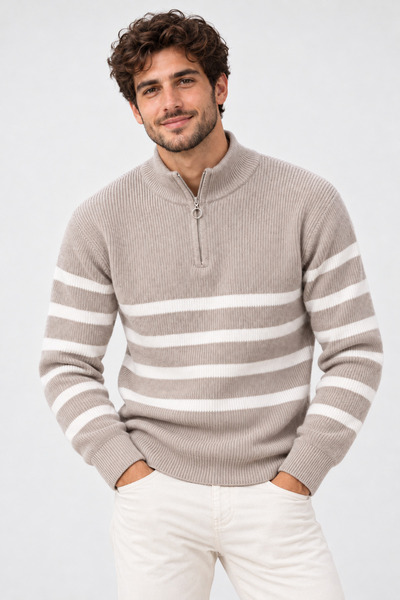 FAVORİST Men's (Striped) Regular Fit Half-Zip Knit Sweater Kpln