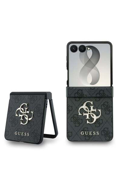 Guess Husă de telefon pentru Samsung Galaxy Z Flip 8, PU 4G, Logo metalic, Gri