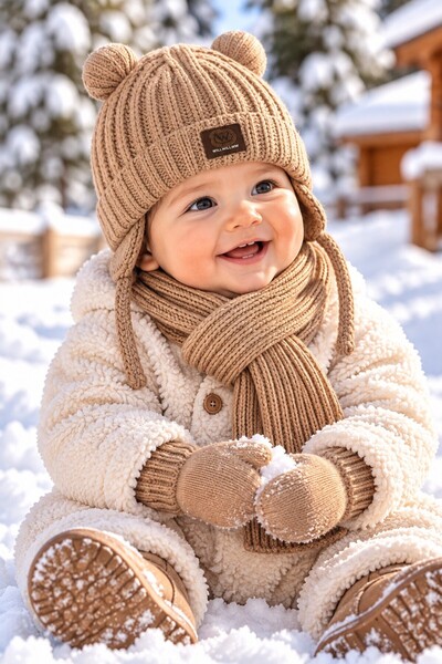 minik'o kids Ki̇tti̇ 26150-07 0-18 Months Baby Boy Scarf, Beanie, Gloves Set