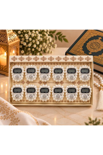 LenaToptan 12-Piece Cream Stone Digital Zikirmatik Set Boxed Gift (Haj-Umrah-...