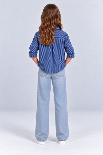 AHENGİM Girl's Ice Blue Side-Stoned Pipe Leg Jeans Ak1764