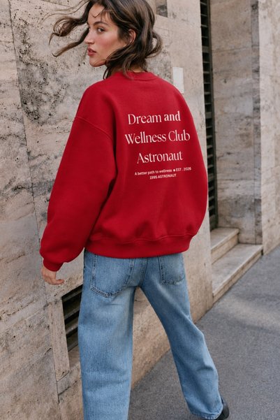 The Champ Clothing سويت شيرت نسائي كبير الحجم مطبوع باللون الأحمر – ياقة دائر...
