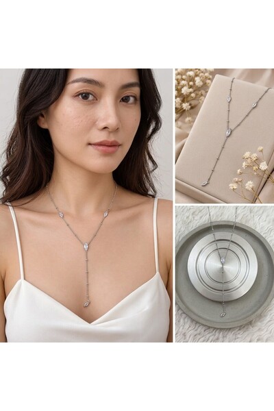 FM 💎   Premium Shiny and Stylish Stone Detailed Dangle Y Model Silver Color Women's Steel Necklace (45 cm)