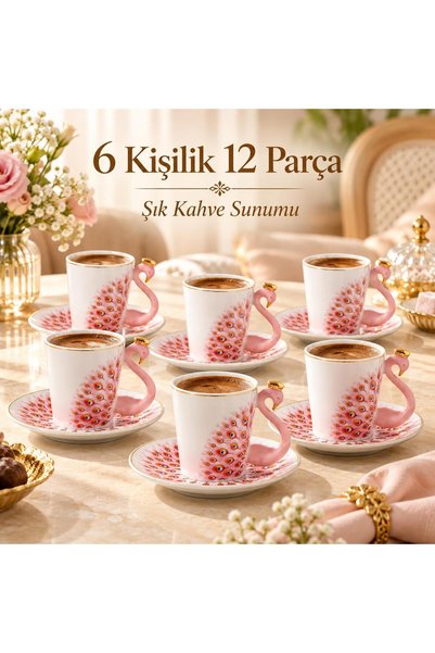 valkyrie Peacock Serisi 6 Kişilik 12 Parça Tavus KuşuPorselen Türk Kahvesi Fi...