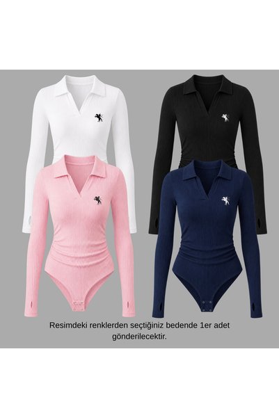 Gofeel Steed Polo Collar Embroidered Drawstring Detailed Bodysuit with Finger...