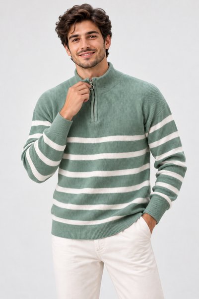 FAVORİST Men's (Striped) Regular Fit Half-Zip Knit Sweater Kpln
