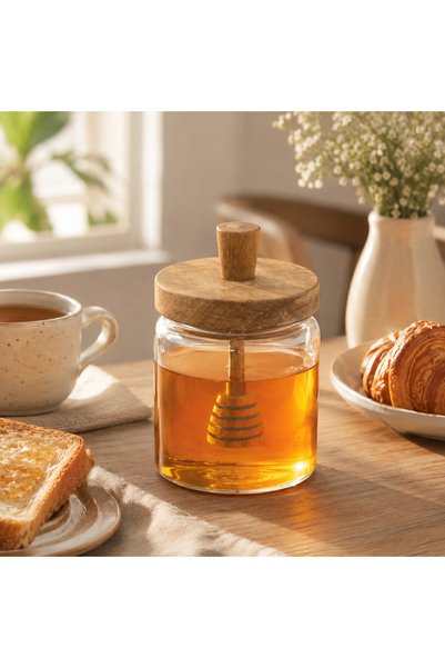 FRANDIS Borcan pentru miere, din sticla borosilicata, cu capac etans si lingu...
