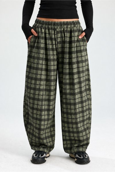 ROSE ARYA Green Plaid Loose-Fit Balloon Trousers with Elastic Waist