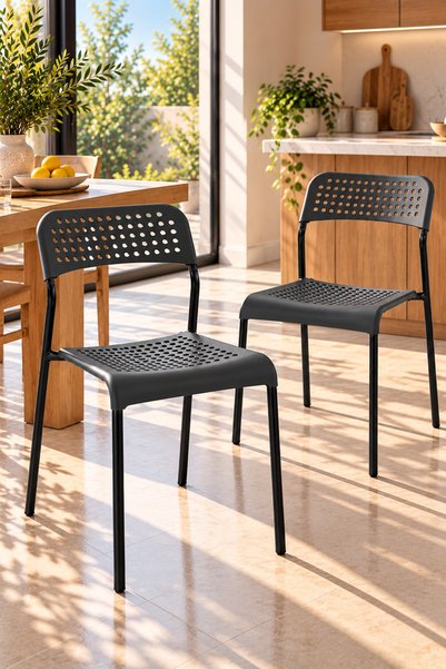 Taimi Set of 2-Kitchen Chair Black Stackable-Perforated Plastic Back and Seat...
