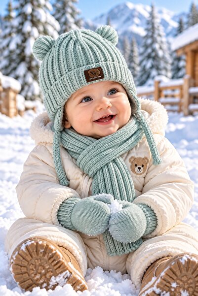 minik'o kids Ki̇tti̇ 26150-07 0-18 Months Baby Boy Scarf, Beanie, Gloves Set