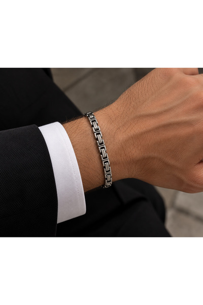Satürn Silver Kuyumculuk Kişiselleştirilebilir Erkek Kral Zincir Tasarımlı Gümüş Renk Çelik Bileklik Kişiye Özel Harf Yazılır