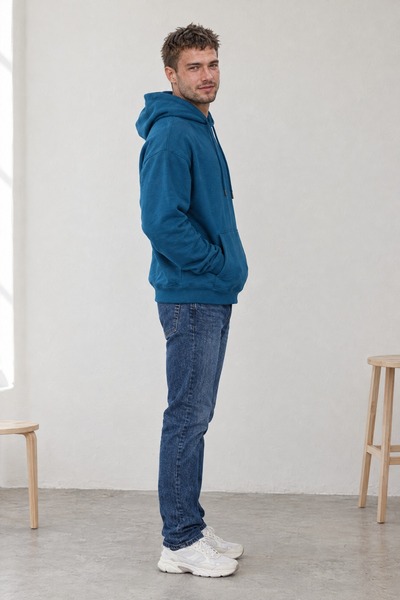 Pepeross Men's Oversize Hooded Basic Sweatshirt with Kangaroo Pocket Indigo