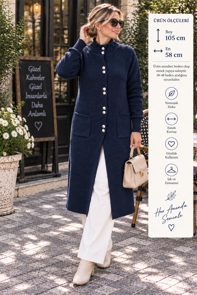 Elçelya Moda Women's Angora Long Stand Collar Flexible Buttoned Pocketed Soft...