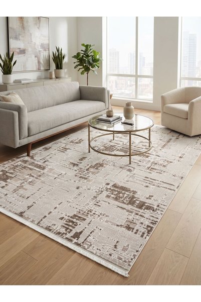 Pastel ALMİRA HALI 543A Modern Sade Ve Minimal Tarz Krem Kahve Halı Oturma Od...