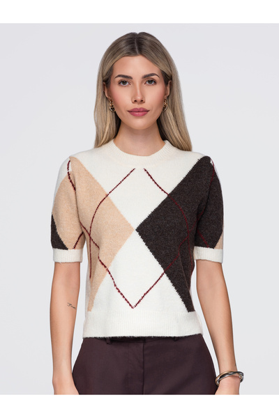 OMBRE Pulover de damă, mânecă scurtă, croială lejeră OW-SW-E0037 Bej