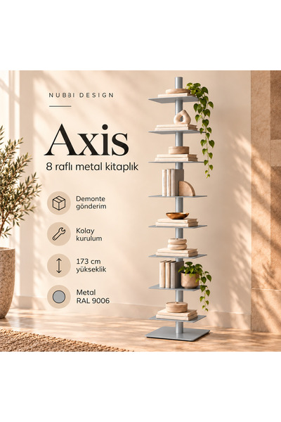 Axis 8 Raflı Metal Kitaplık Modern Tasarım Dikey Dekoratif Kitaplık