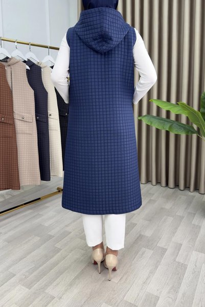 mercan moda ARUZ YELEK Vestă matlasată din material textil pentru femei, albastru marin, cu glugă, cu nasturi și buzunare