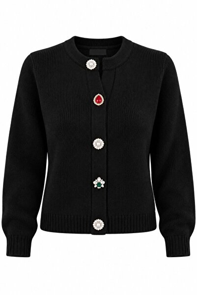 Laluvia Black Gemstone Buttoned Cardigan - 261083