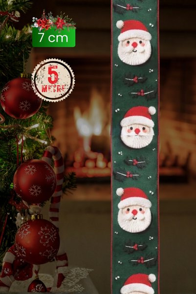 FANTASTIC KURDELE Yılbaşı Noel Baba Desenli Telli Kumaş Kurdele 5 Metre – Çelik Telli 3D Kabartma Efektli Hacimli Fiyonk ve Ağaç Süsleme Şeridi