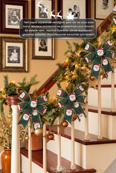 FANTASTIC KURDELE Yılbaşı Noel Baba Desenli Sim Saçaklı Telli Kurdele 10 Metre – Çelik Telli Gold Saçaklı 3D Baskılı Hacimli Fiyonk Şeridi