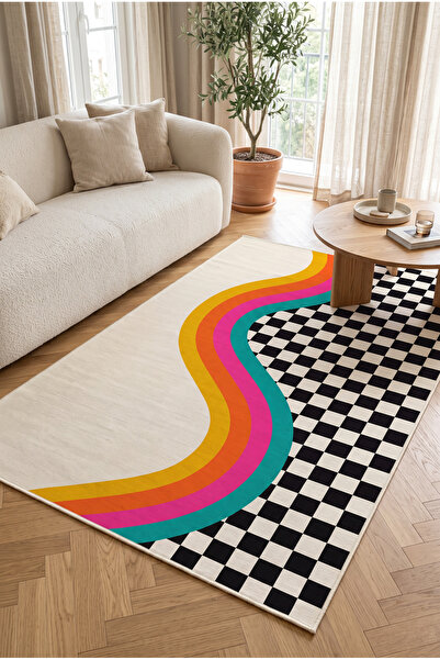 Renkli Canlı Dalga ve Dama Desenli Modern Retro Halı Salon Yatak Odası Kolay Temizlenir