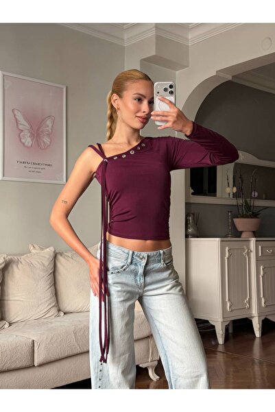 ELBEY Asymmetric Collar Ribbon Tie Detail Long Sleeve Crop Blouse