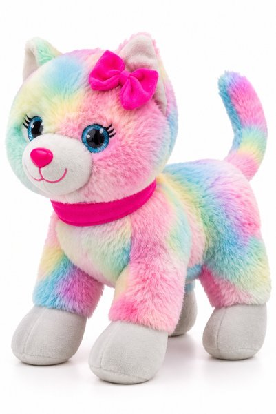 craftivio Rainbow Colored Plush Cat Toy – Cute Colorful Cat with Pink Bow