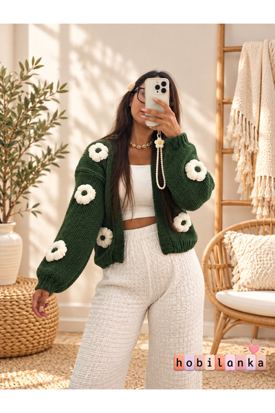 hobilanka Women's Hand-Knitted 3D Embossed Rose Motif Cardigan - Mother's Han...