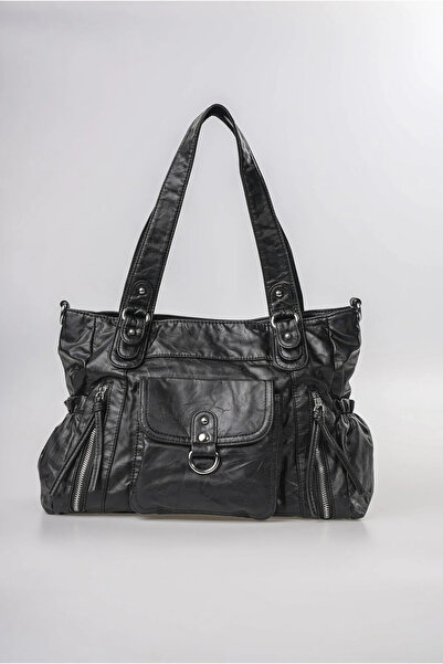ÇÇS Women's Black Vintage Washed Leather Look Multi-Pocket Zippered Large Siz...