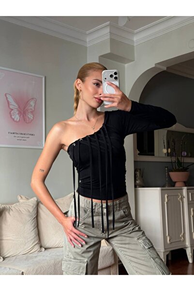 ELBEY Asymmetric Collar Ribbon Tie Detail Long Sleeve Crop Blouse