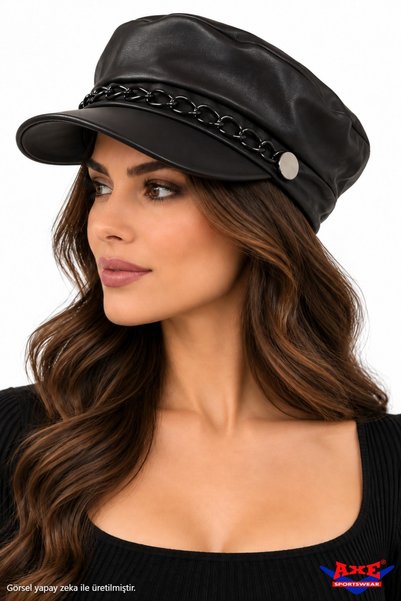 AXE SPORTSWEAR Black Faux Leather Captain's Cap Hat with Chain Detail, Stylish Design, Visor and Elastic Back, Painter's Sailor Hat