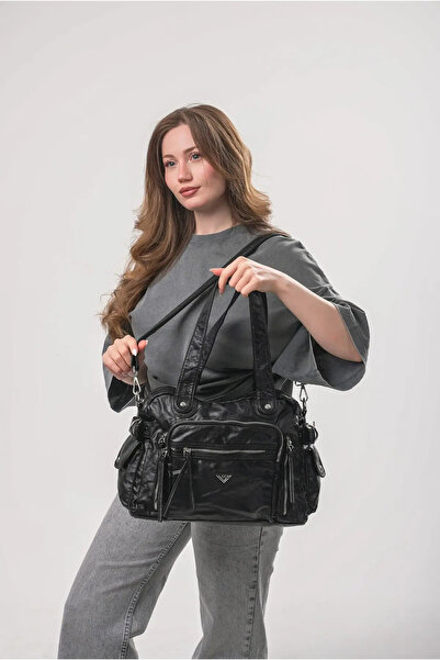ÇÇS Women's Vintage Washed Leather Look Multi-Pocket Zippered Large Size Shou...