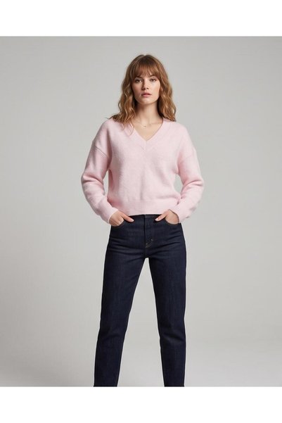 Trend Kapında Women's V-Neck Soft Textured Relaxed Fit Long Sleeve Knitwear Sweater