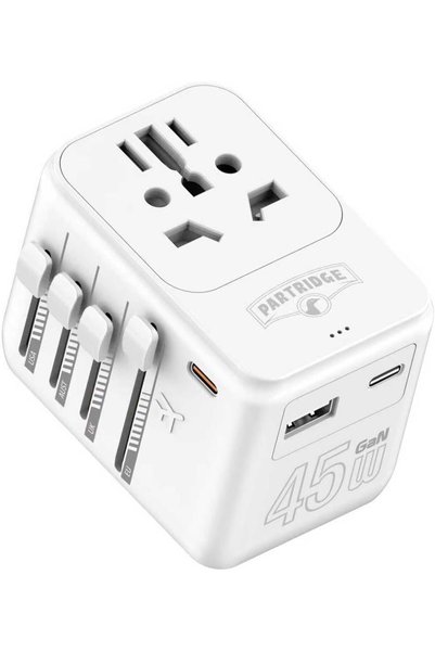 Partridge Universal Travel Adapter, International Travel Adapter for EU, UK, USA, AU, Type C 45w Fast Charging, 3 USB Ports, International Power Adapter,Worldwide Adapter.